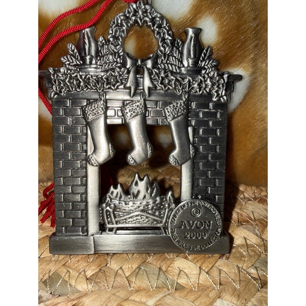 Avon 2009 Fine Collectibles Fireplace Christmas Ornament Pewter Tone Rhinestones
